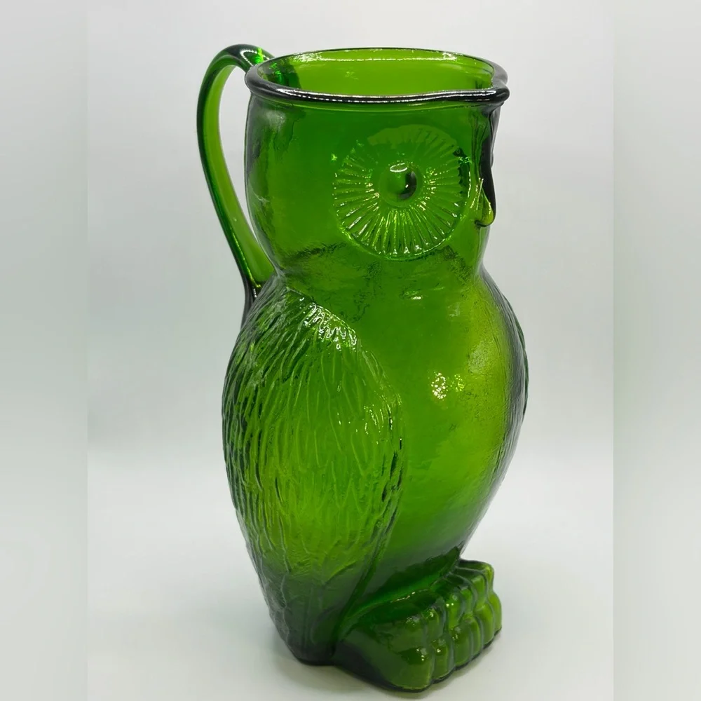 Vintage Green Art Glass Owl Figure Pitcher / Vase, Cottagecore Whimsigoth Decor